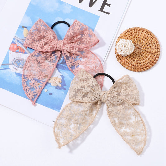 Embroidered Printed Bowknot Hair Ring Simple Lace Rubber Band Hair Rope Floral Dovetail Accessories