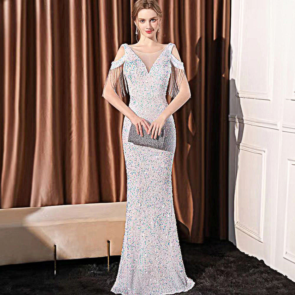 Elegant sequin evening gown for women with fishtail design