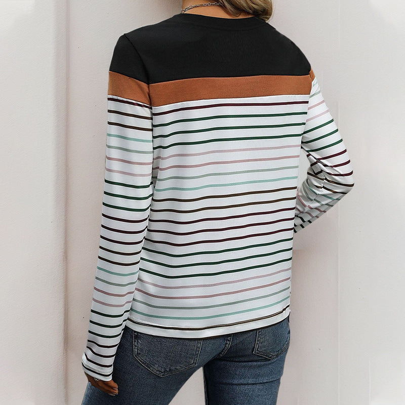 Color-block Striped Long-sleeve T-shirt Casual Top For Women