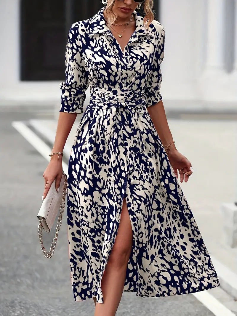 Printed Button Front Long Sleeve Waist Dress