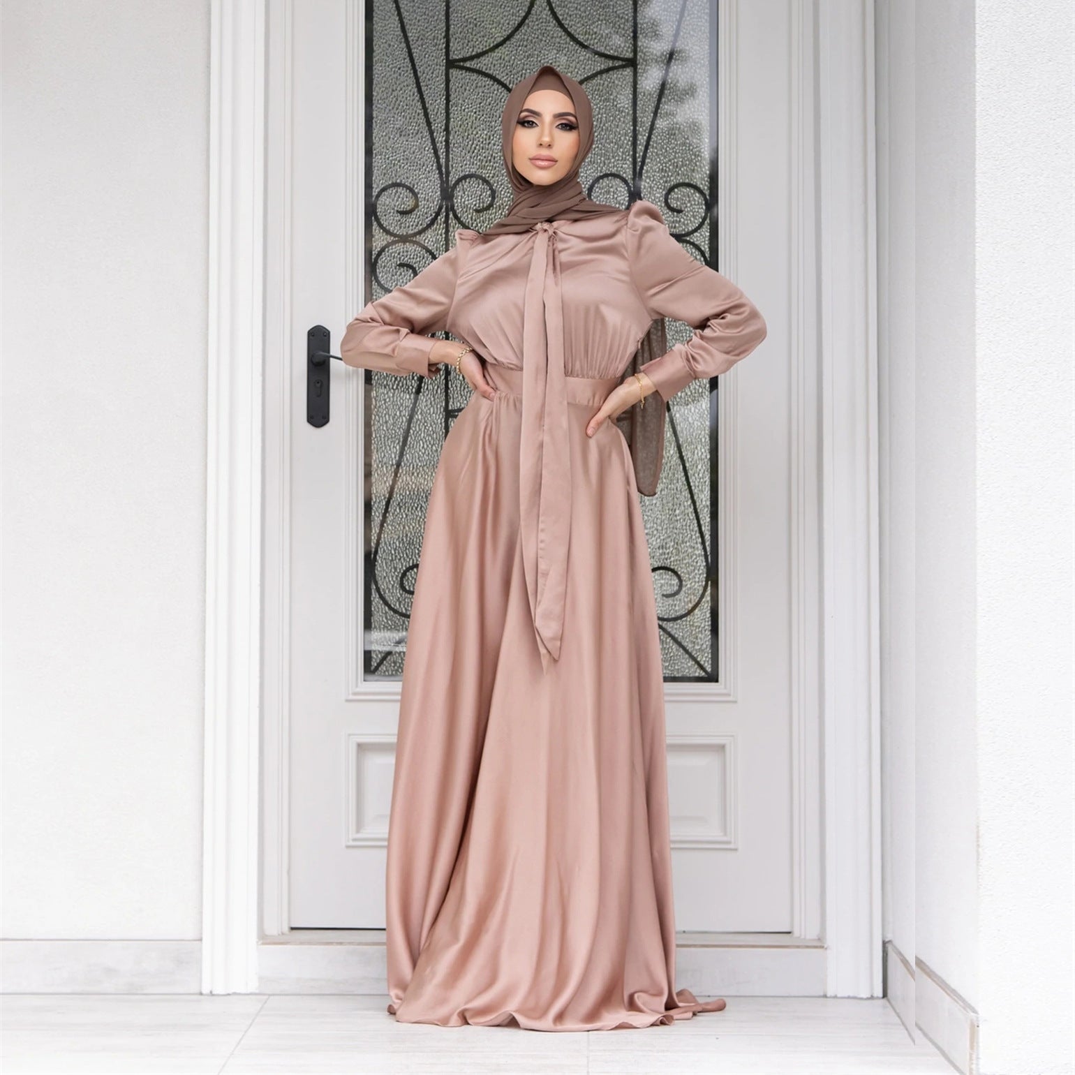 Women’s formal satin evening gown for weddings and parties