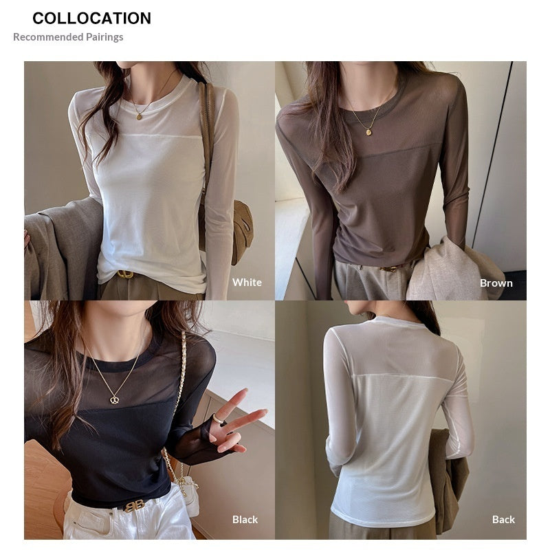 Womens Mesh-spliced Crewneck Long-sleeve T-shirt For Layering