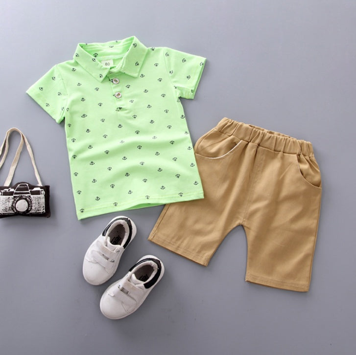 Boys Anchor Print Summer Suit – Korean Style Short Sleeve Shirt & Shorts Set