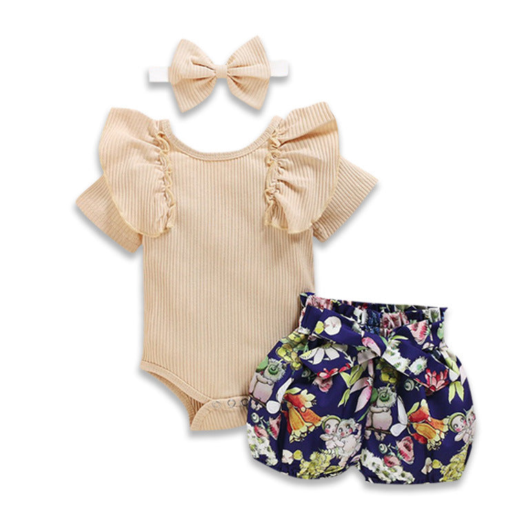 European And American Foreign Trade Lotus Leaf Sleeve Baby Romper Suit Summer New Style Kids Print Shorts