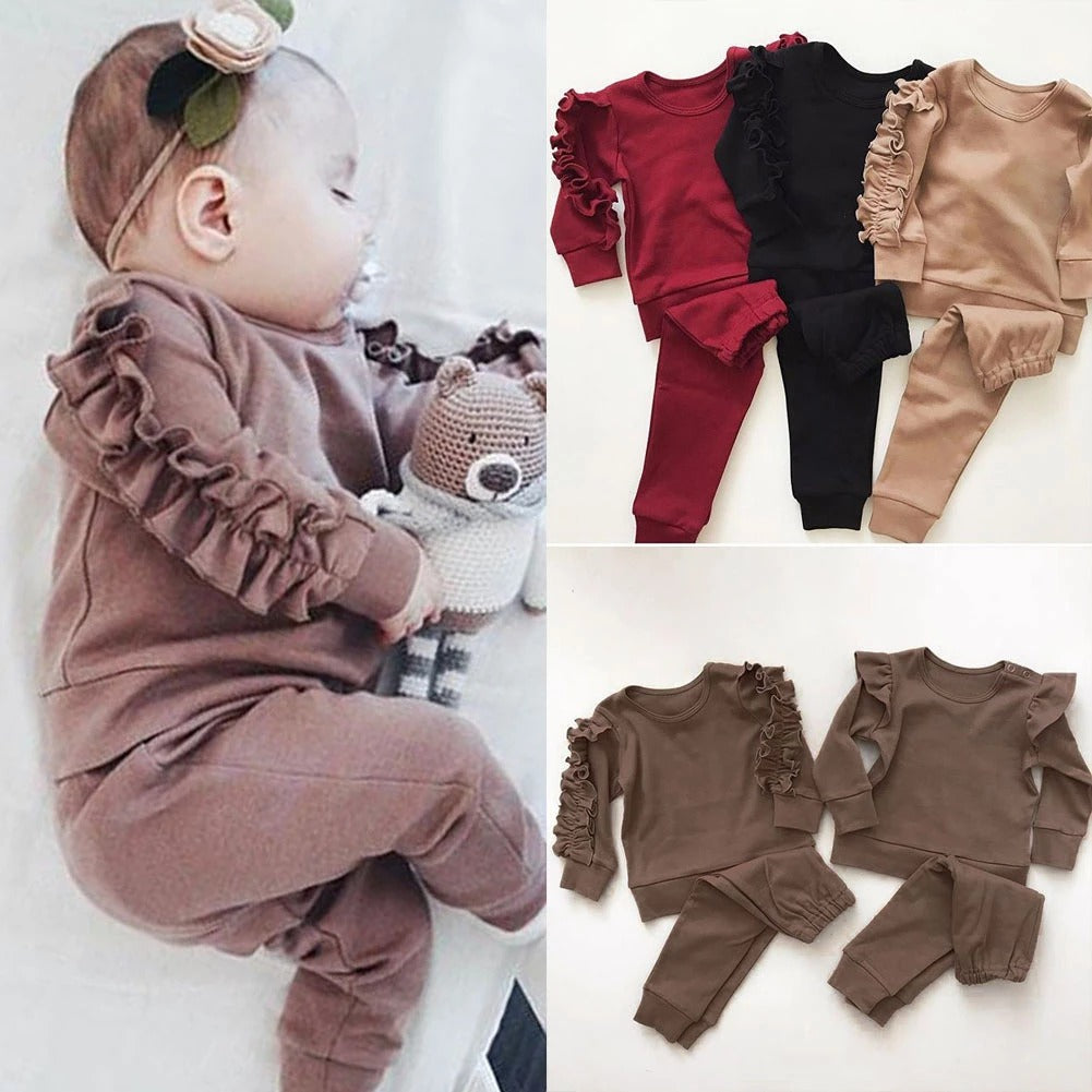 Newborn Baby  Girls Ruffles Jumper Solid Long Sleeve Sweatshirt Tops Pants Infant Kids 2Pcs Outfits Clothes Set Fall Clothes
