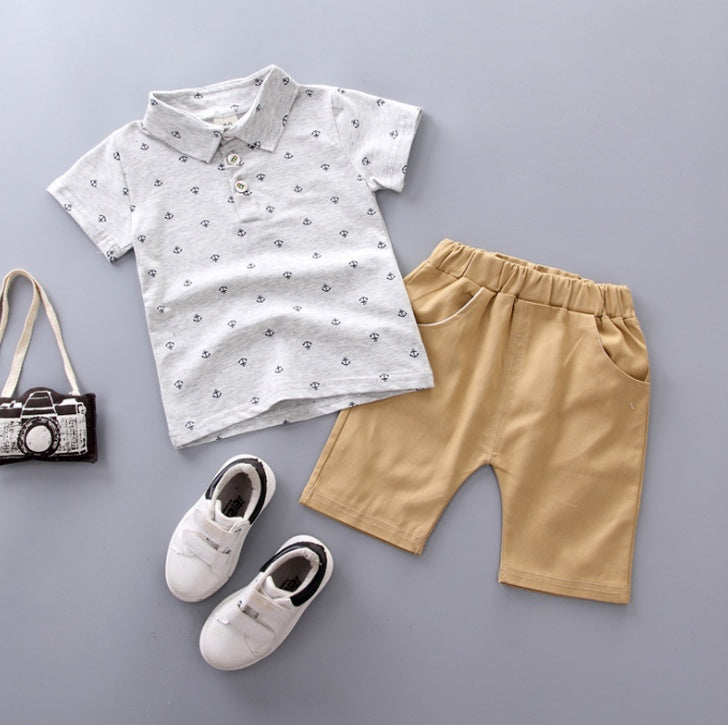 Boys Anchor Print Summer Suit – Korean Style Short Sleeve Shirt & Shorts Set
