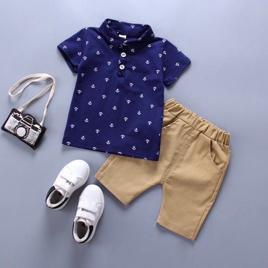 Boys Anchor Print Summer Suit – Korean Style Short Sleeve Shirt & Shorts Set