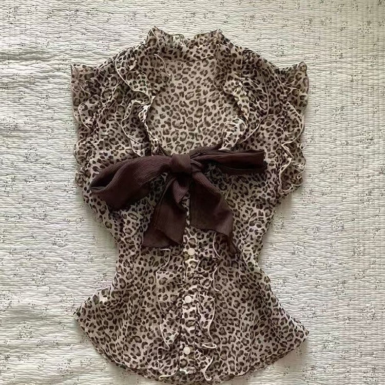 Retro Leopard-Print Bow-Knot Top For Women