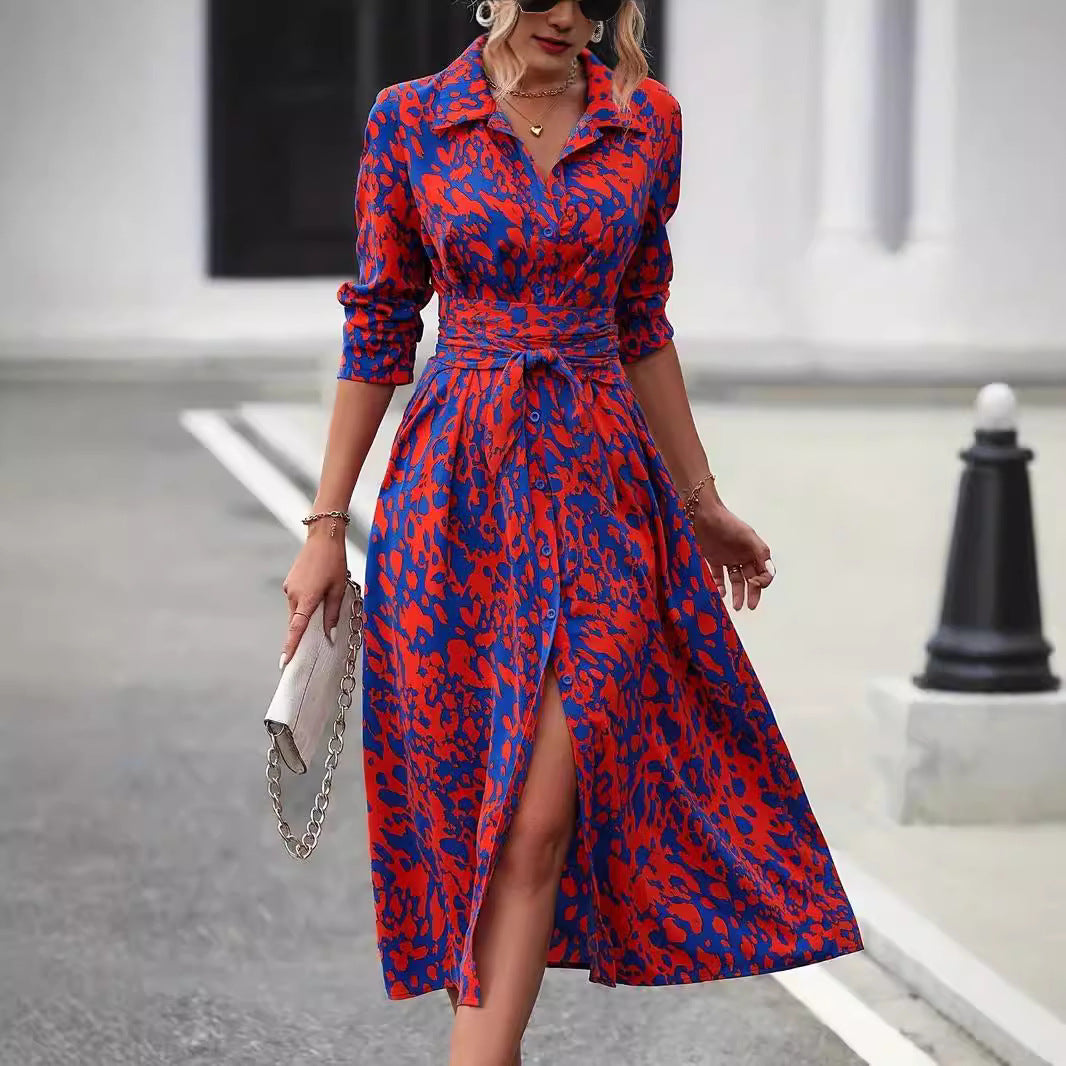 Printed Button Front Long Sleeve Waist Dress