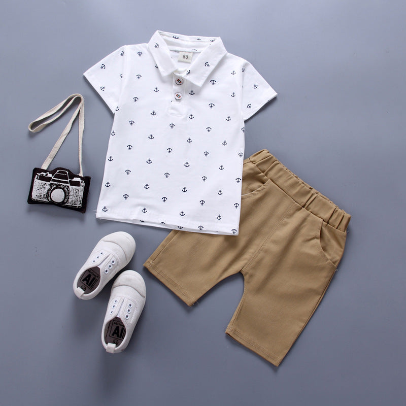 Boys Anchor Print Summer Suit – Korean Style Short Sleeve Shirt & Shorts Set