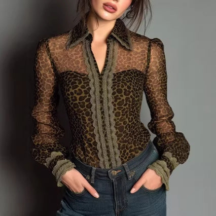 Sexy Lace Leopard-Print Vintage Long-Sleeve Top For Women