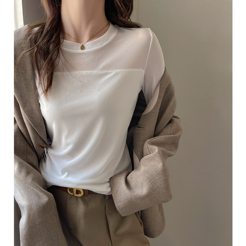 Womens Mesh-spliced Crewneck Long-sleeve T-shirt For Layering