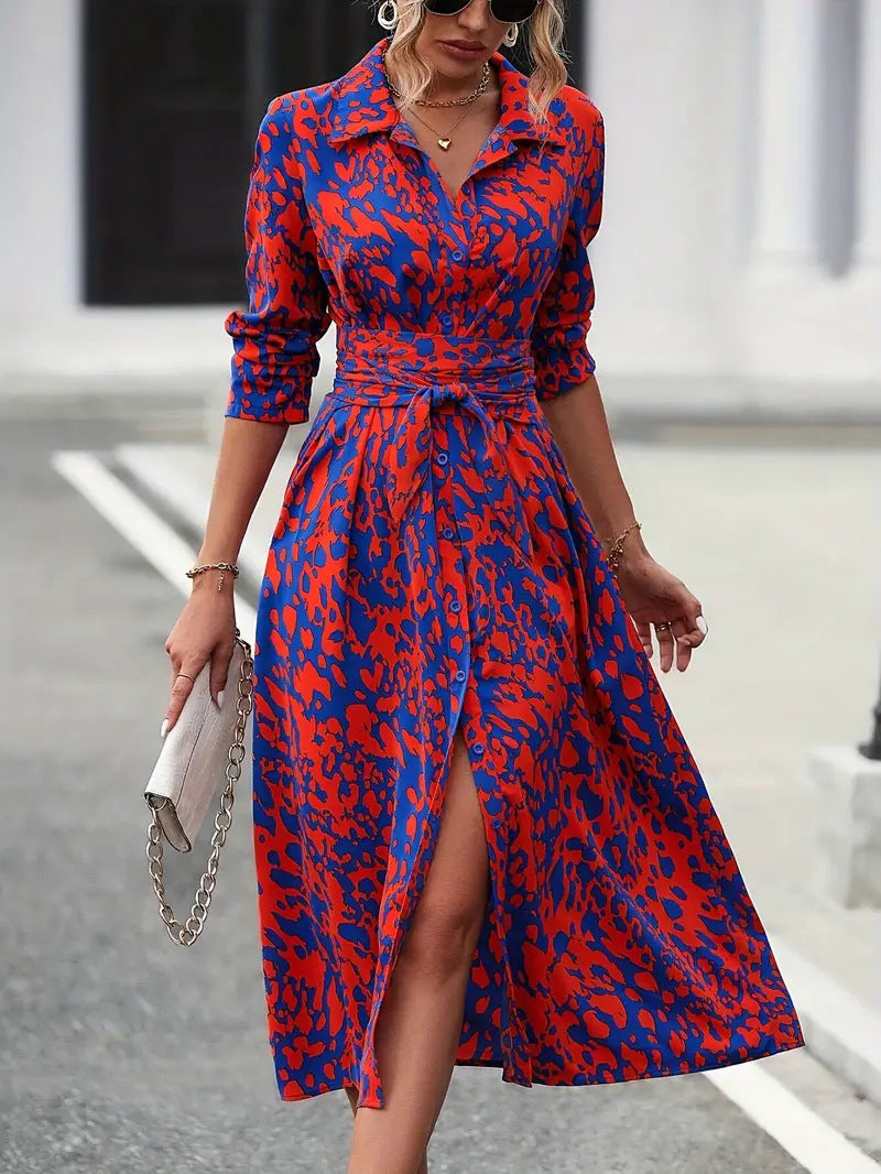 Printed Button Front Long Sleeve Waist Dress