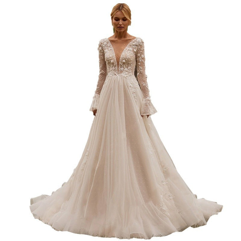 Deep V embroidered bridal maxi dress