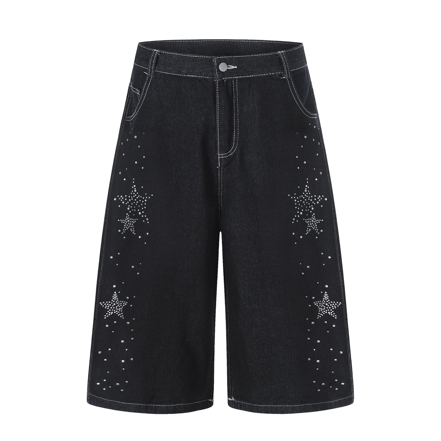 Star-shaped Rhinestone Embellished Capri Denim Shorts Womens Loose-fit