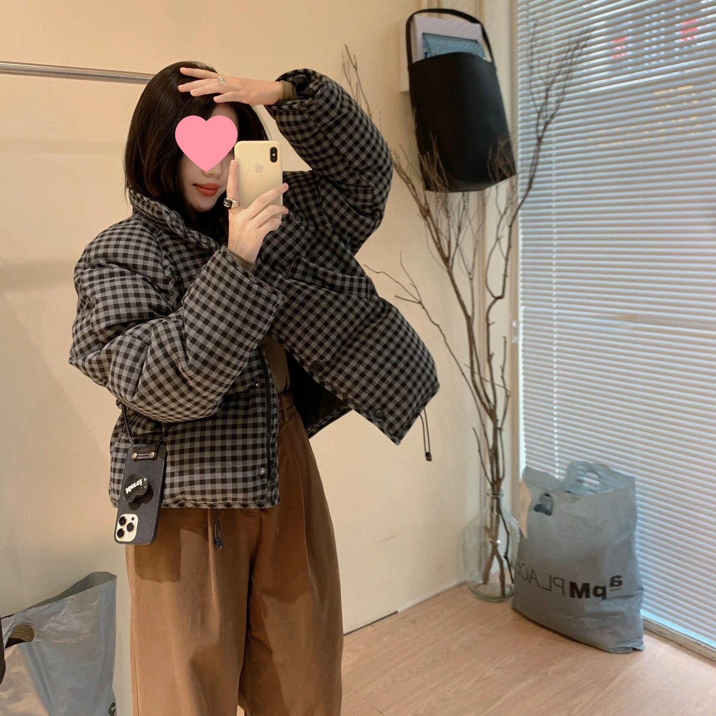 Loose, Cropped Plaid Puffer Jacket For Women