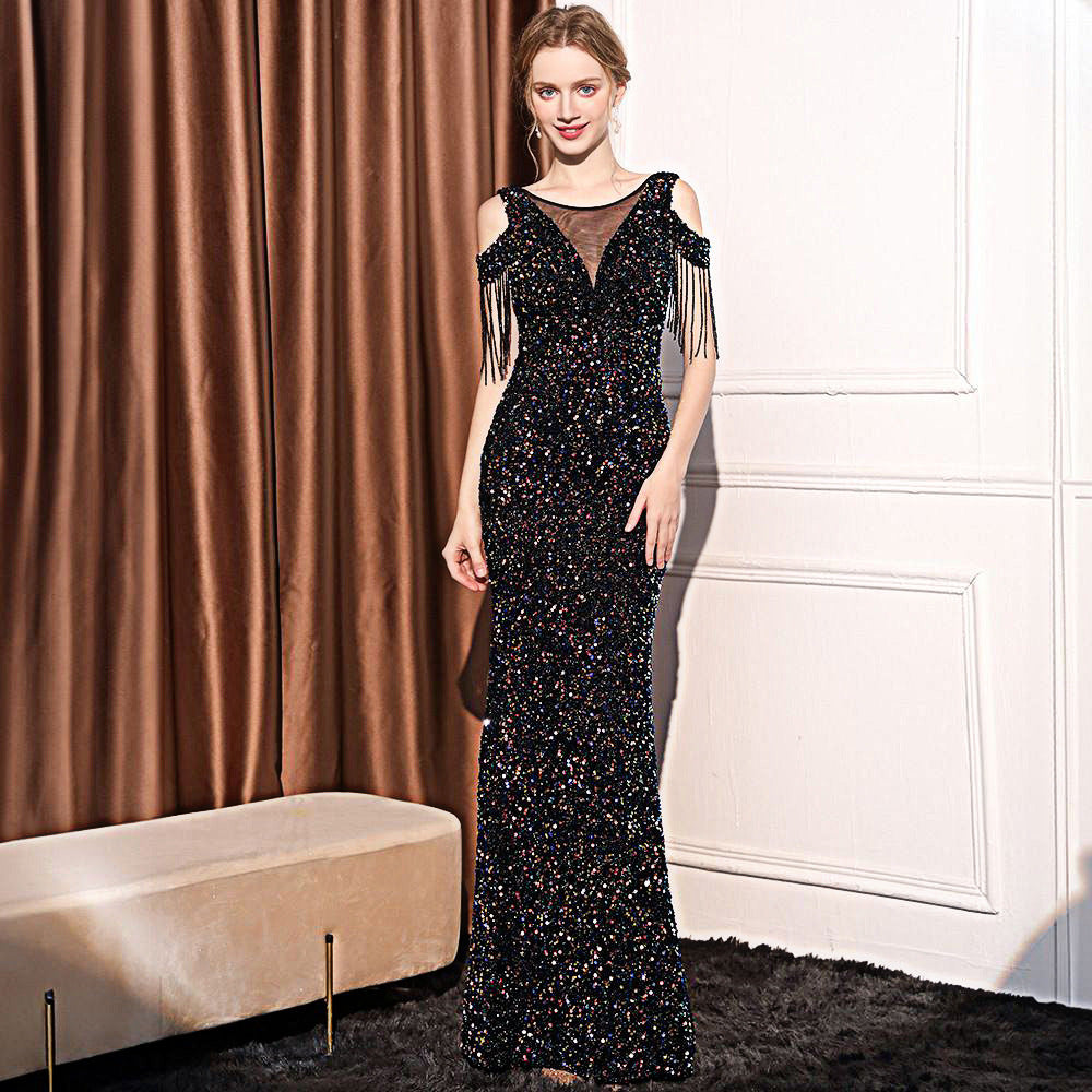 Women glamorous mermaid prom dress full-length view