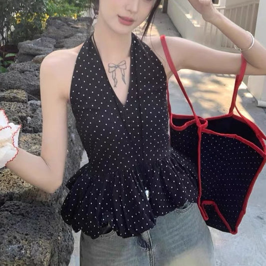 Polka-dot Halter V-neck Top For Women