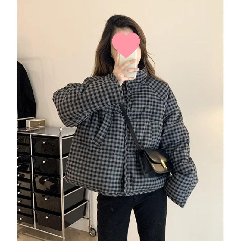Loose, Cropped Plaid Puffer Jacket For Women