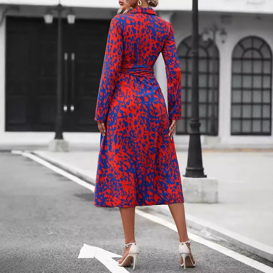 Printed Button Front Long Sleeve Waist Dress