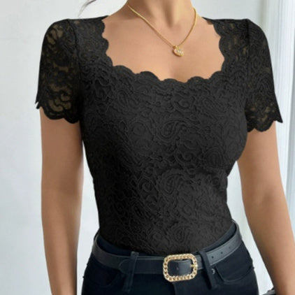 SpringSummer New Womens Solid-Colored Lace Slim-Fit Short-Sleeve T-Shirt Top For Women