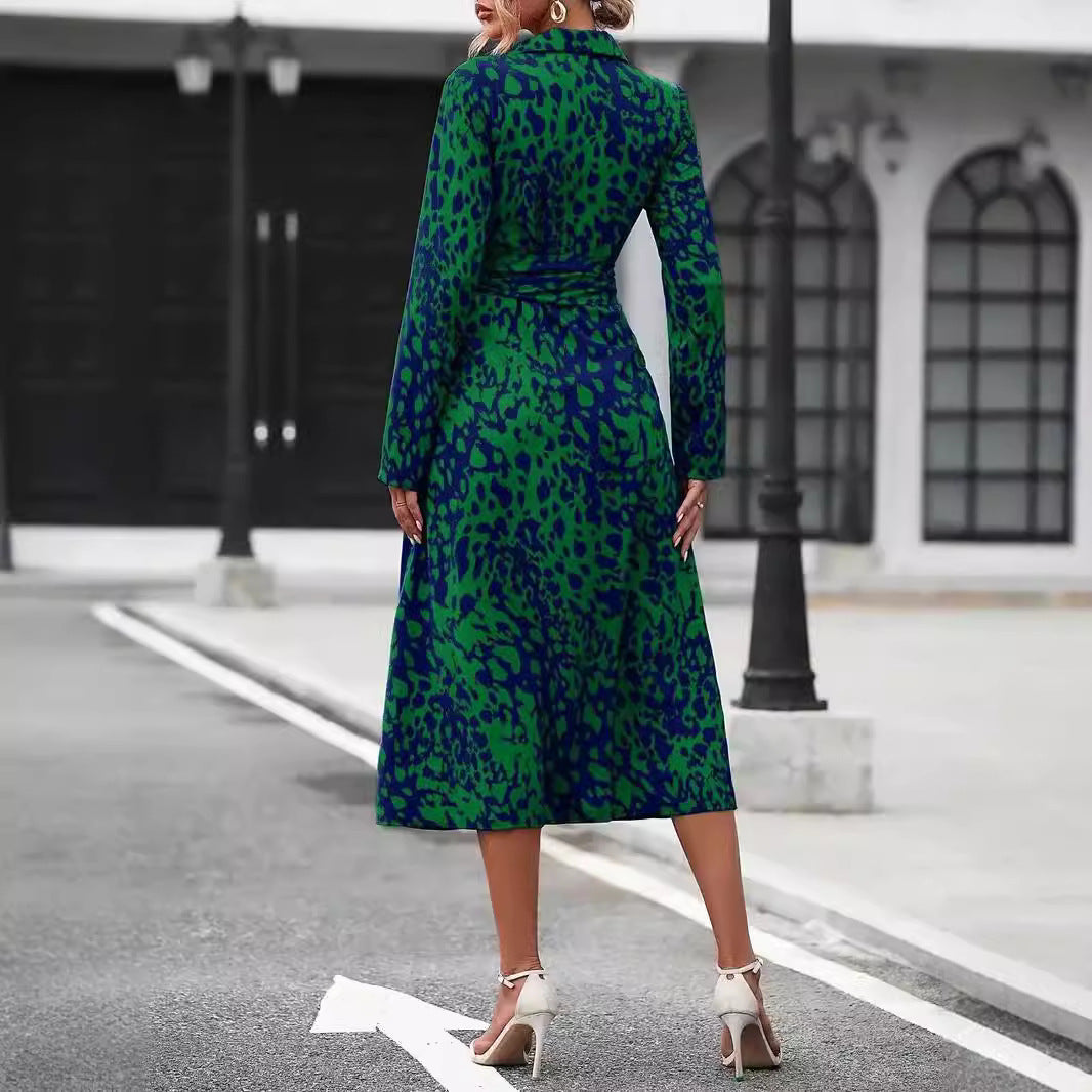 Printed Button Front Long Sleeve Waist Dress