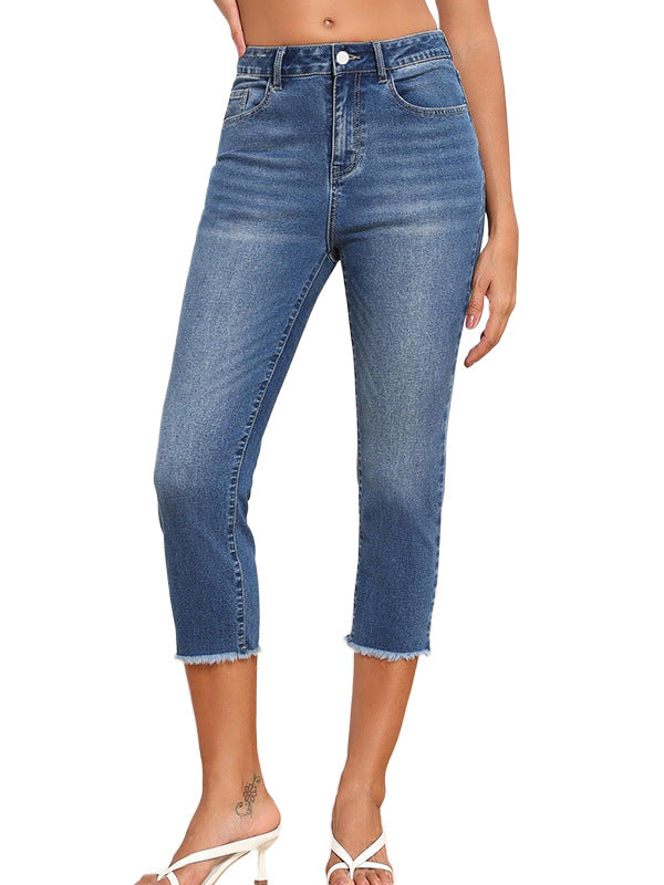 New Style Frayed Edge Slim Fit Women's Jeans Simple Versatile Capri Pants