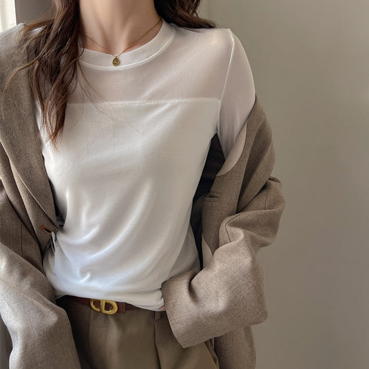 Womens Mesh-spliced Crewneck Long-sleeve T-shirt For Layering
