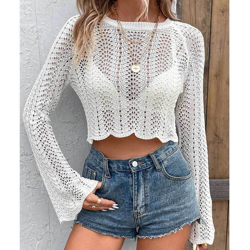Womens Hollow-Out Knitted Cropped Blouse With Flared Sleeves Top