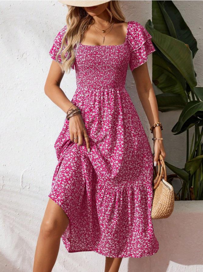 New European And American-style Square-neck Puffed-sleeve Floral-print Dress