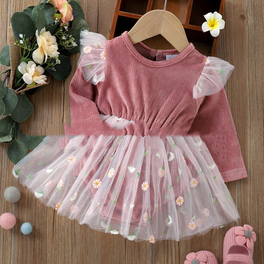 Pit Striped Long-sleeved Stitching Small Daisy Gauze Skirt