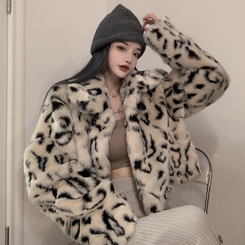 Leopard Print Jacket Women Loose Quilted Lapel Long Sleeves