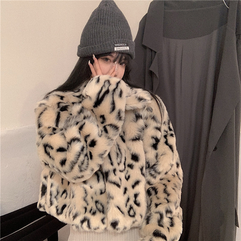 Leopard Print Jacket Women Loose Quilted Lapel Long Sleeves