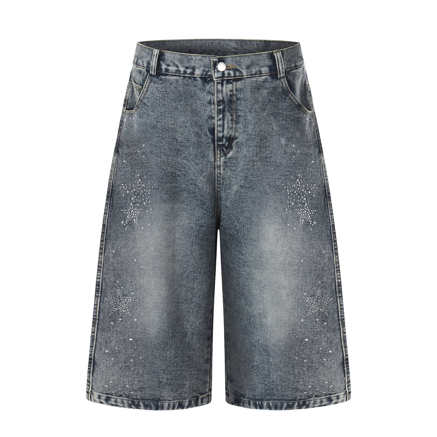 Star-shaped Rhinestone Embellished Capri Denim Shorts Womens Loose-fit