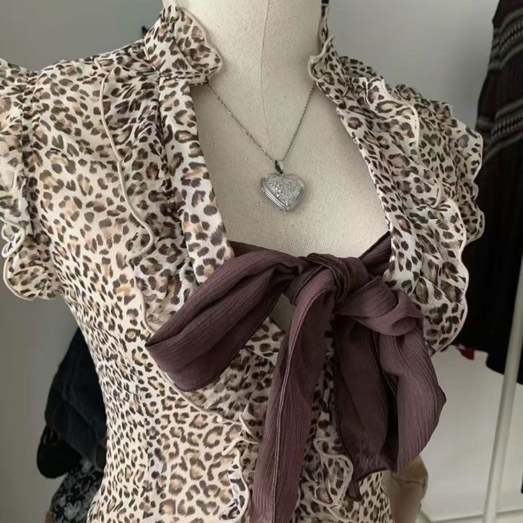 Retro Leopard-Print Bow-Knot Top For Women