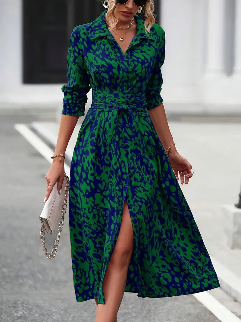 Printed Button Front Long Sleeve Waist Dress