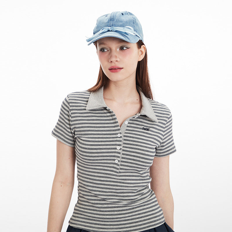 Striped-design T-shirt Contrast-color Short-sleeve Top For Women