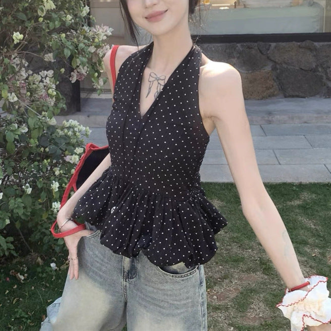 Polka-dot Halter V-neck Top For Women