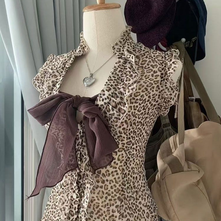 Retro Leopard-Print Bow-Knot Top For Women