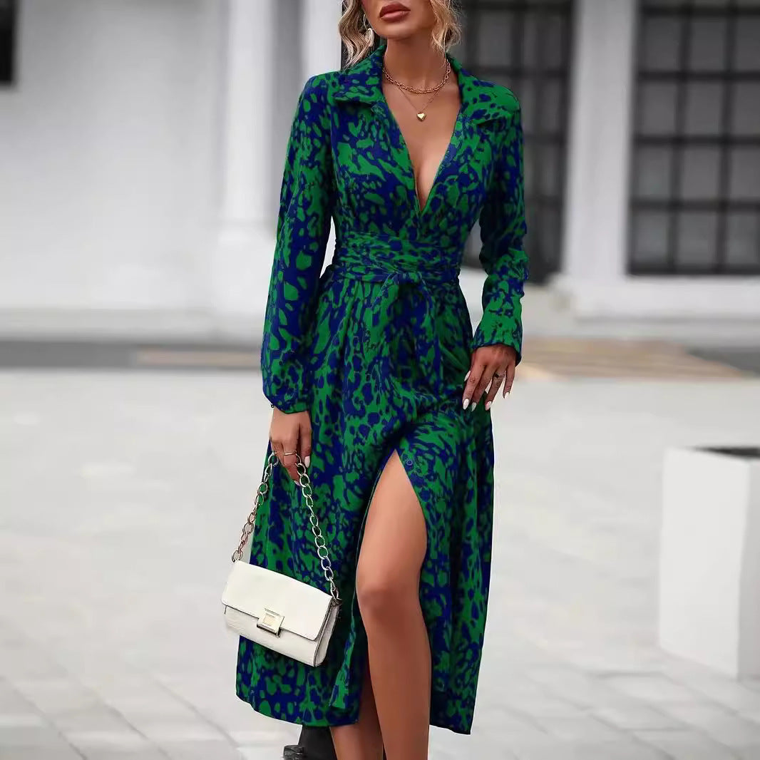 Printed Button Front Long Sleeve Waist Dress