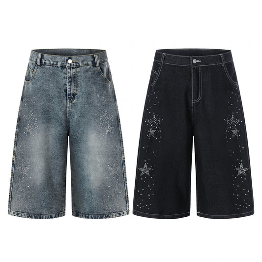 Star-shaped Rhinestone Embellished Capri Denim Shorts Womens Loose-fit