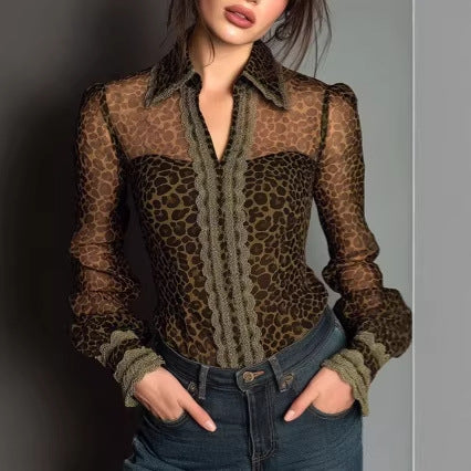 Sexy Lace Leopard-Print Vintage Long-Sleeve Top For Women