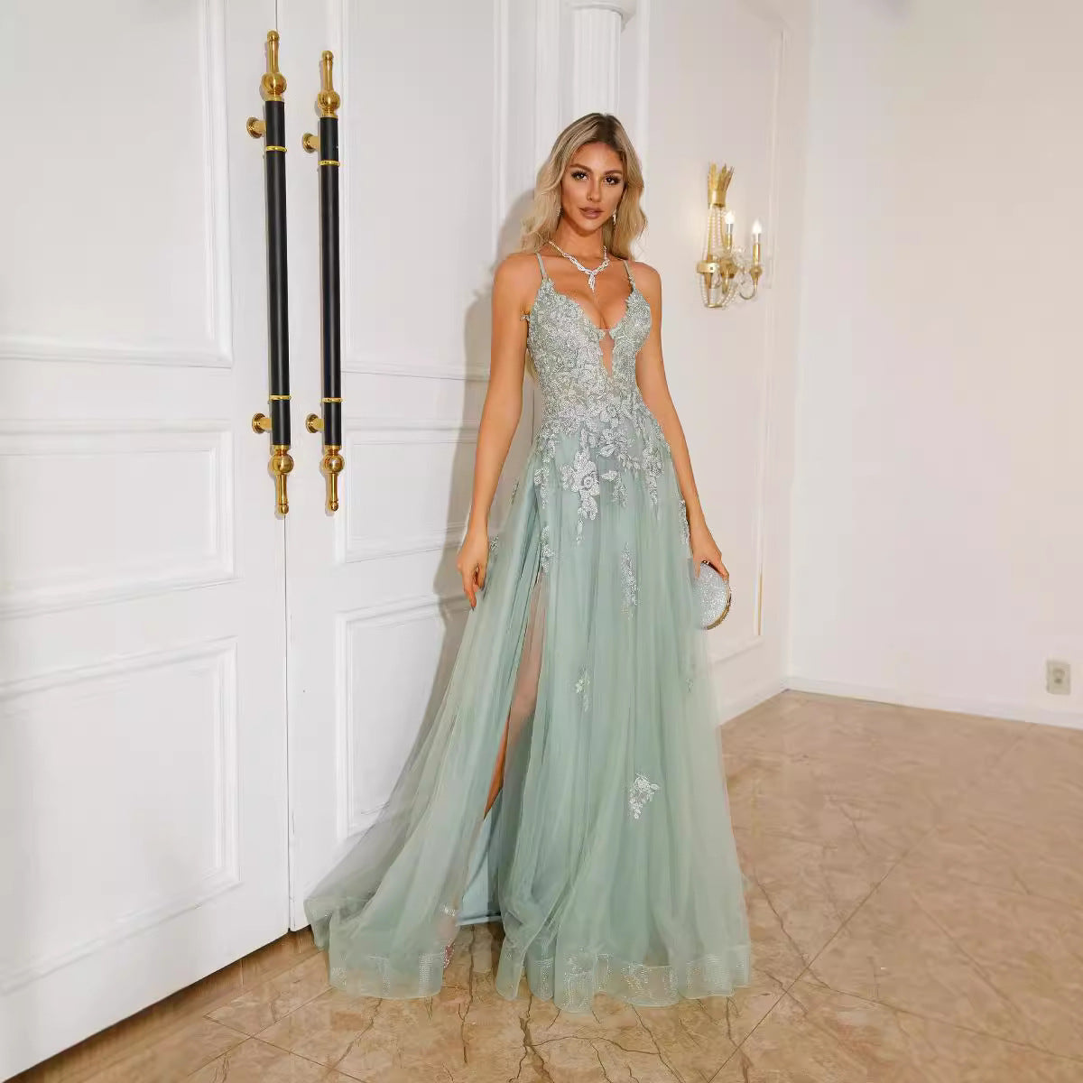 Elegant sleeveless satin prom dress for women long evening gown