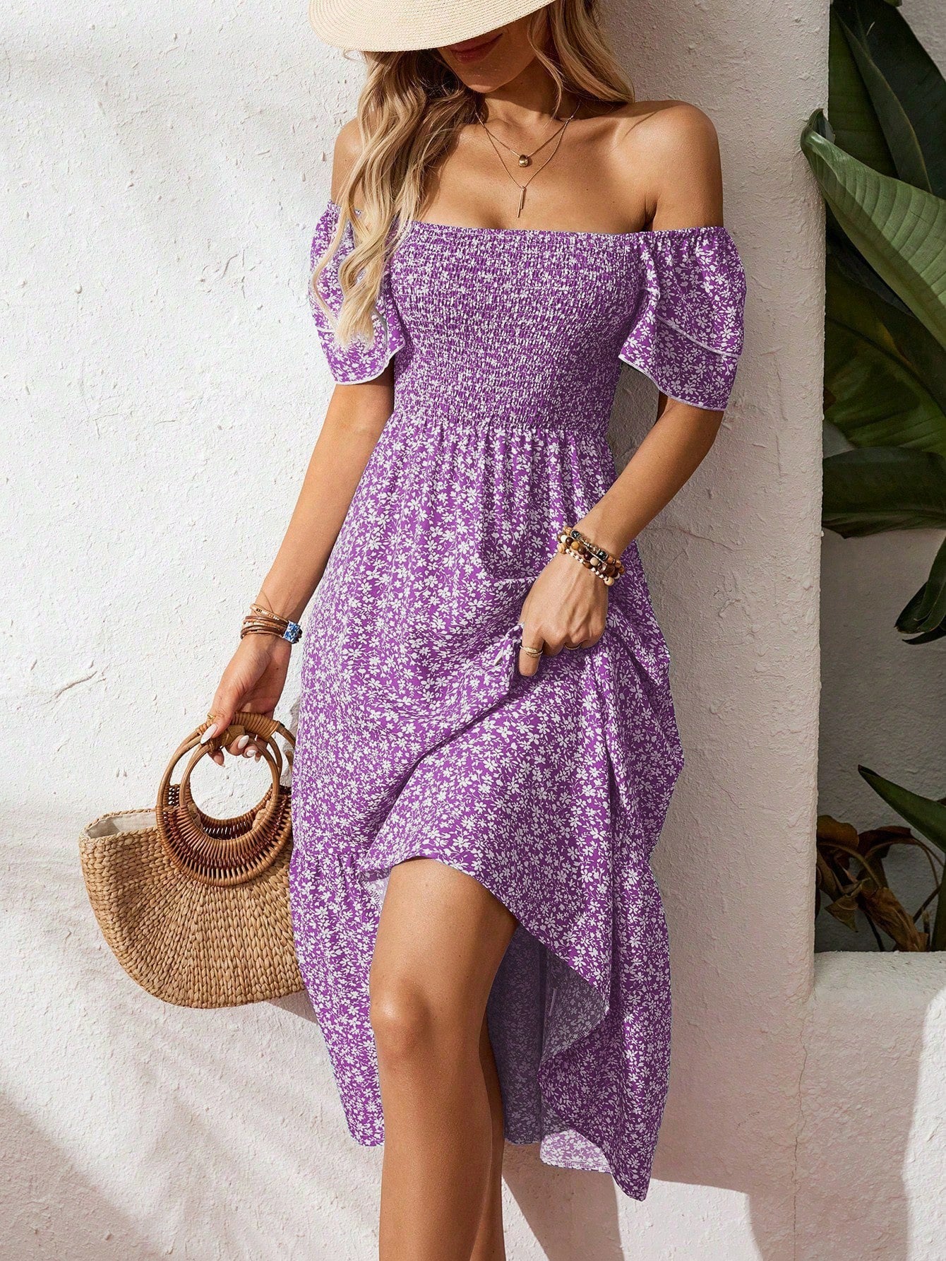 New European And American-style Square-neck Puffed-sleeve Floral-print Dress