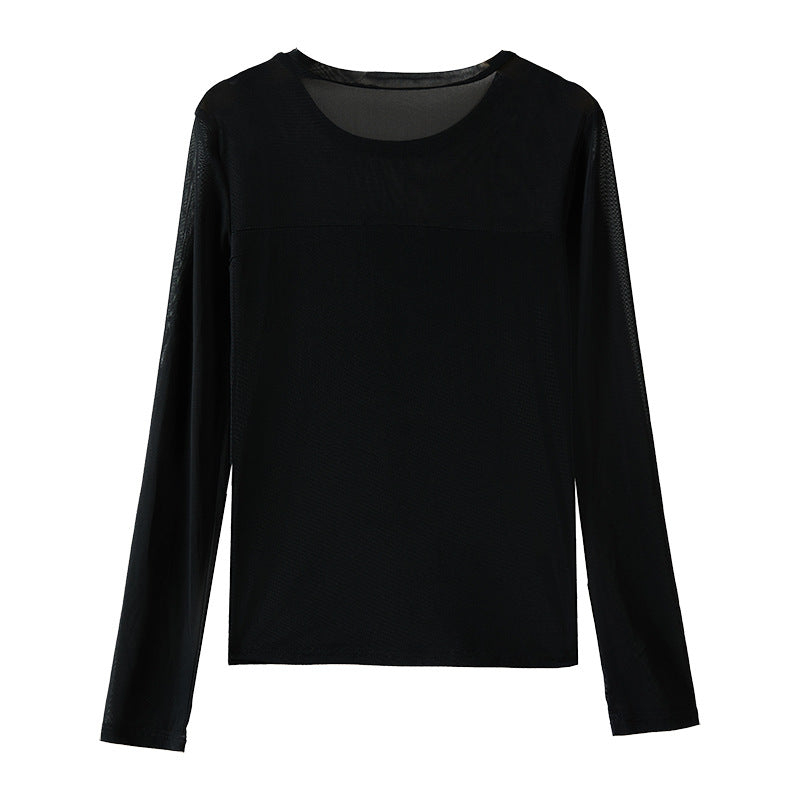 Womens Mesh-spliced Crewneck Long-sleeve T-shirt For Layering