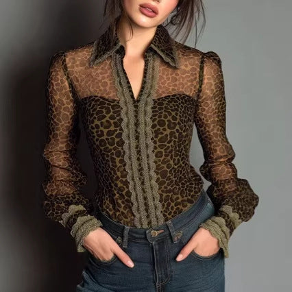 Sexy Lace Leopard-Print Vintage Long-Sleeve Top For Women