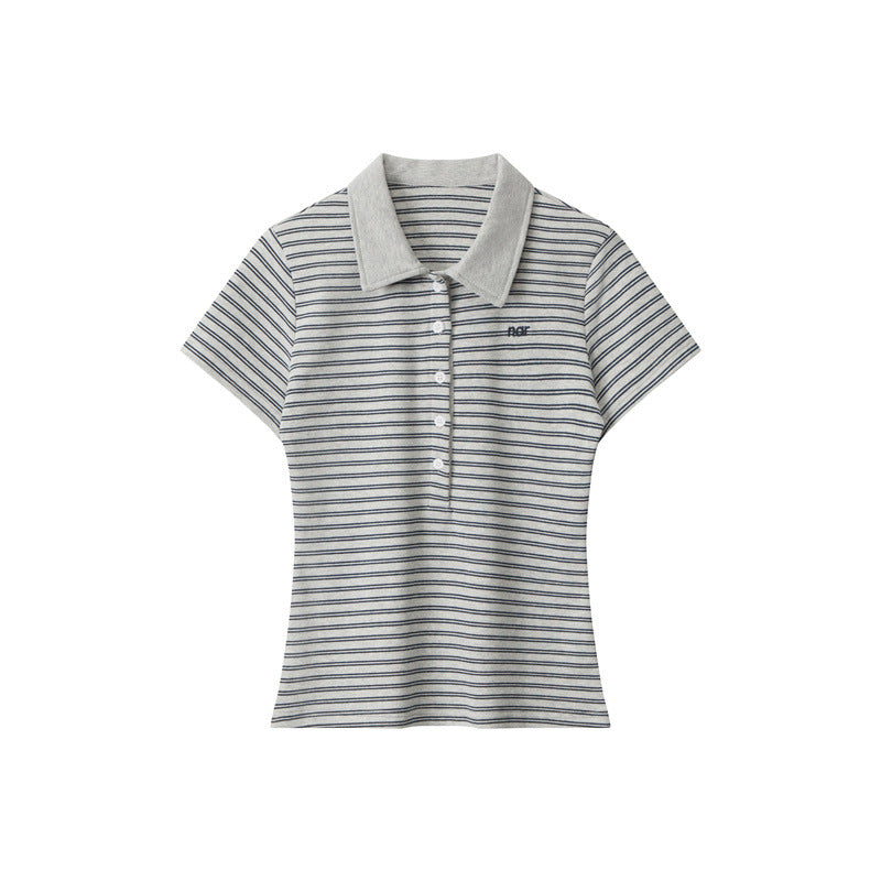 Striped-design T-shirt Contrast-color Short-sleeve Top For Women