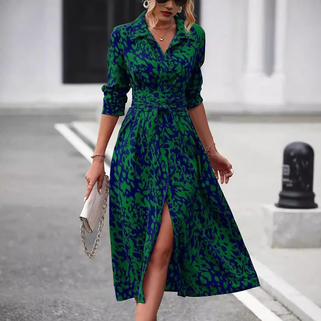 Printed Button Front Long Sleeve Waist Dress