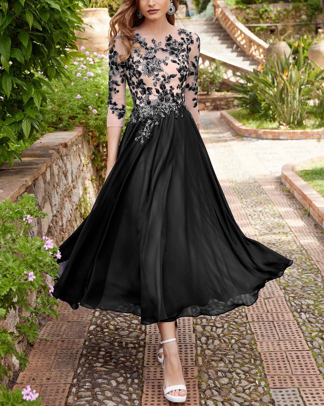 Decal Chiffon Lace Patchwork Long Dress