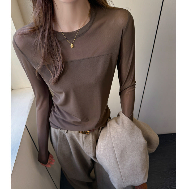 Womens Mesh-spliced Crewneck Long-sleeve T-shirt For Layering